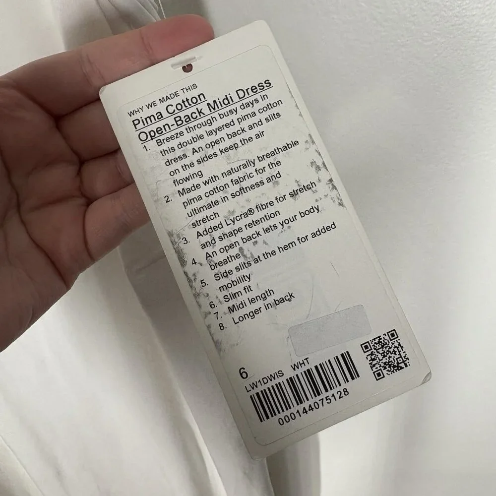 Lululemon Women 6 White Athleisure Stretch Pima Cotton Open-Back Midi Dress NWT